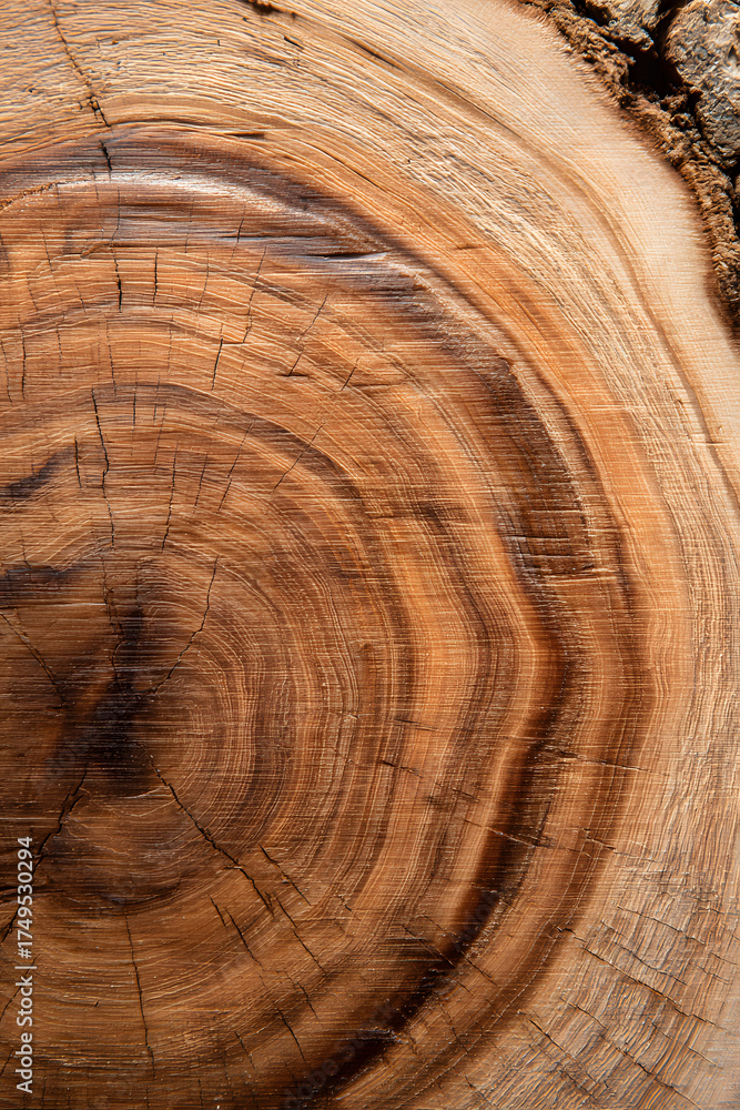 Naklejka premium Vertical view of thick wooden slice with bark edge leaning on beige wall, highlighting raw grain and texture, studio lighting emphasizing natural colors.