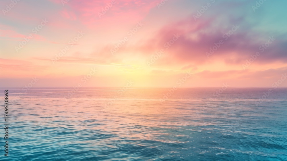 Obraz premium Soft pastel sunrise over ocean with light morning mist, peaceful tranquil background scene.