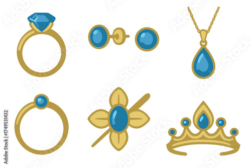 Golden jewelry icons set with blue gemstones and royal crown elements