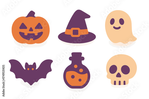 Six cute Halloween symbols: pumpkin, witch hat, ghost, bat, potion, and skull