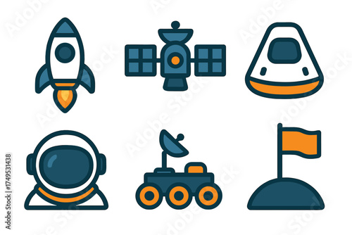 Astronaut rocket and rover icons for space exploration theme