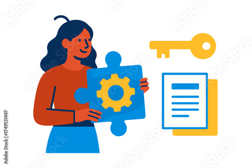 Woman holding puzzle piece with gear near key and document