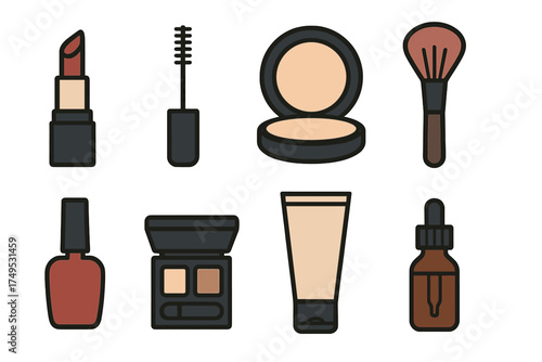 Assortment of cosmetic beauty product icons for makeup application