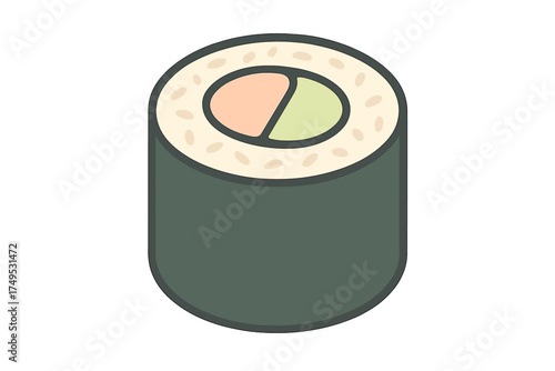 Single piece of sushi roll with rice and two fillings