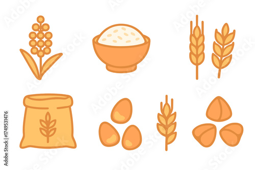 Assortment of staple food ingredients icons including grains and seeds