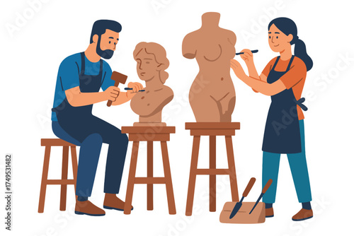 Man and woman sculpting classical statues in art studio setting