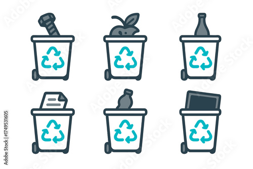 Six different recycling bins for waste separation icons