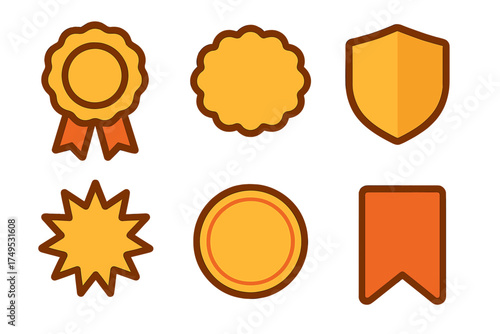 Collection of golden award badges seals and shield icons
