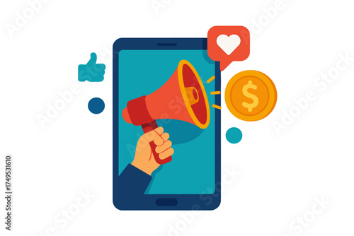 Digital promotion megaphone with social media engagement and currency symbols