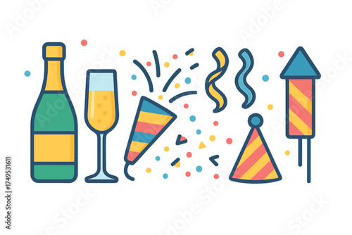 Set of festive icons including champagne bottle, glass, party popper, hat, and firework