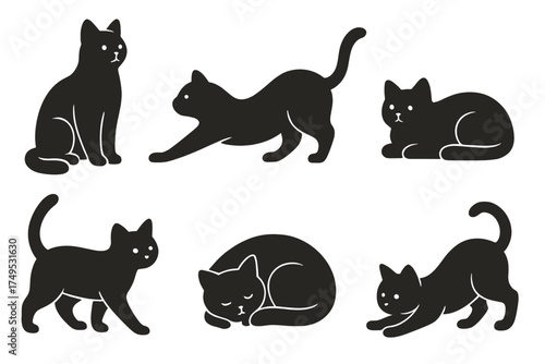 Six black cat silhouettes in various common poses