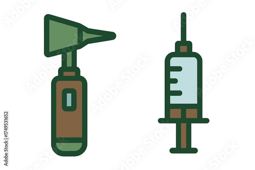 Set of Otoscope and Syringe Icons for Medical Examination and Healthcare Concepts