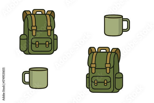 Set of green hiking backpack and camping mug icons