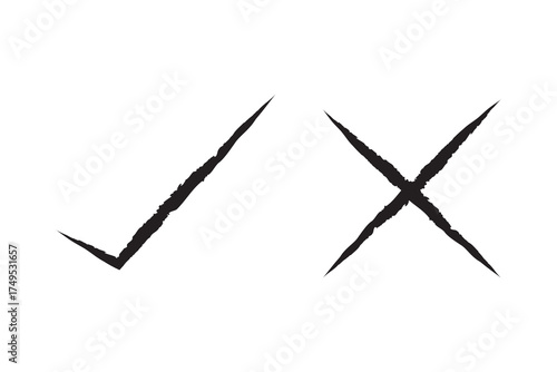 A hand-drawn brush stroke set of check & cross marks for website voting & review icons & creating 'Do and Don't' infographic lists. A green 'yes' and red 'no' symbol collection. 