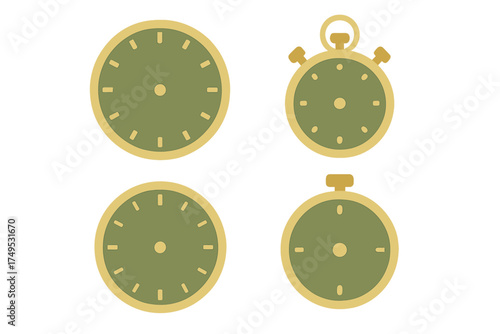 Four stylized clock and stopwatch face icons in green and gold colors