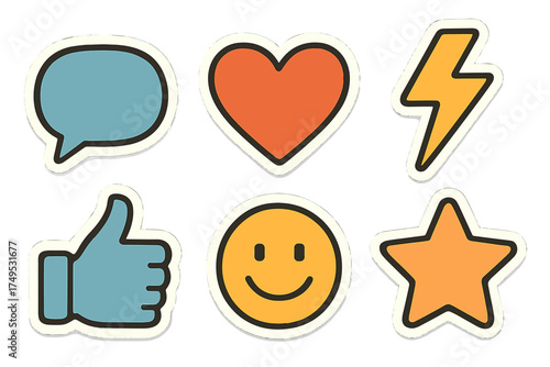 Six vibrant social media reaction icons featuring thick outlines and bold colors