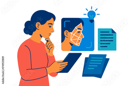 Woman analyzing facial recognition data and documents on digital tablet