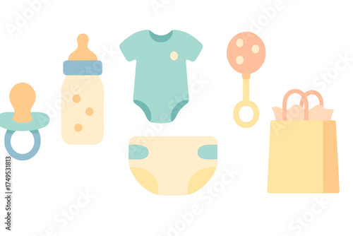 Pastel icons for baby care items and gift packaging