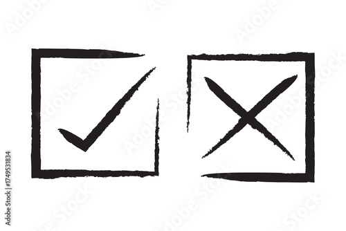 grunge hand drawn with brush strokes cross x and tick OK check marks. cross and check mark isolated on white background.