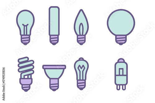 Collection of various light bulb icons in flat outline style