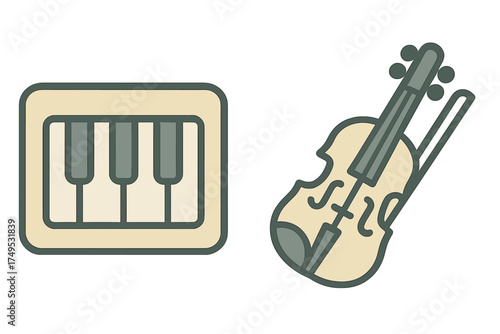 Musical instrument icons featuring piano keys and violin with bow