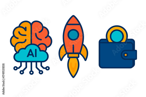 Artificial intelligence cloud computing rocket launch and digital wallet icons