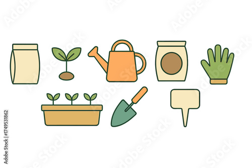Set of essential gardening tools and seedling icons for planting season