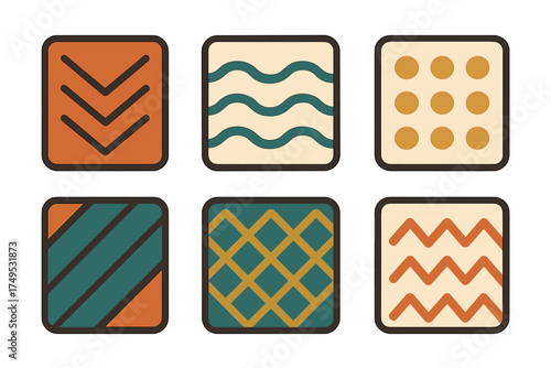 Six abstract geometric pattern icons featuring a retro color palette