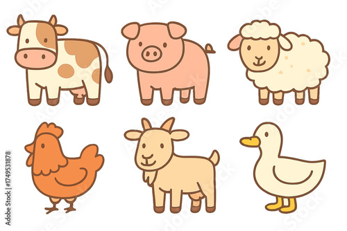 Set of cute cartoon farm animals including cow pig sheep chicken goat and duck