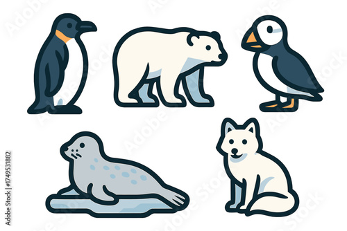 Cute arctic and antarctic animal icons featuring penguin polar bear and seal