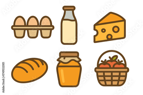 Set of farm fresh dairy and baked goods symbols for breakfast