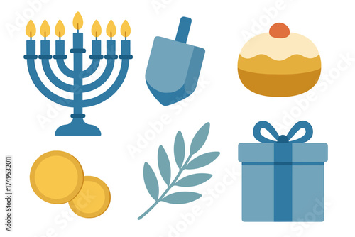 Set of Hanukkah holiday symbols including menorah dreidel gelt and gift box
