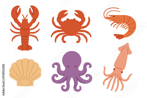 Colorful icons of various sea creatures and shellfish