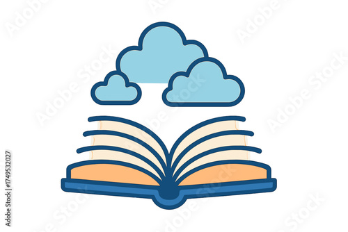 Open book with stylized clouds emerging, symbolizing knowledge and imagination