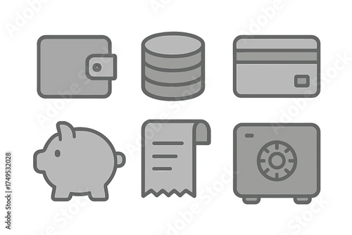 Set of gray finance and money management icons including wallet, coins, card, and safe