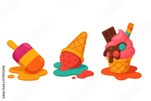 Melting ice cream cones and popsicle with colorful sweet drips