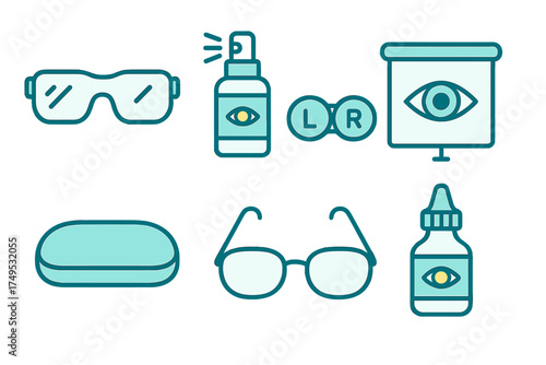 Optometry and vision care equipment icons set for eye health examination