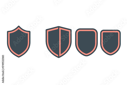 Four stylized shield icons in dark gray and coral outline