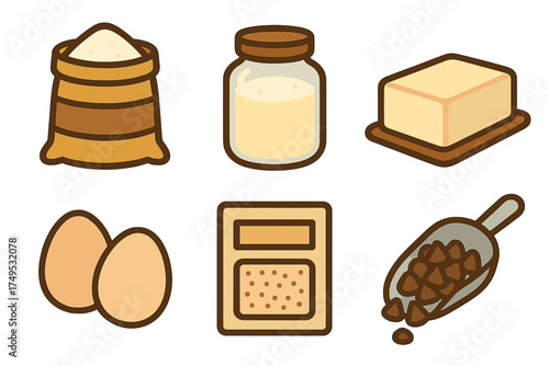 Set of six essential baking ingredients icons including flour, milk, butter, eggs, sugar, and chocolate