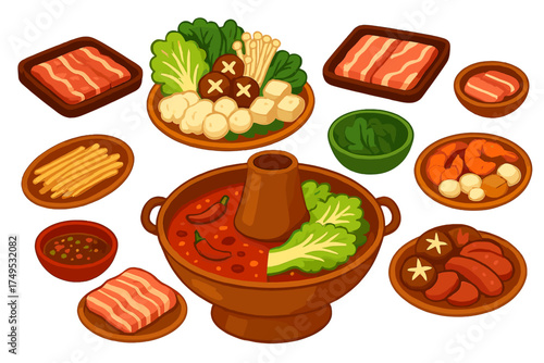 Assortment of raw ingredients for traditional Asian hot pot meal preparation
