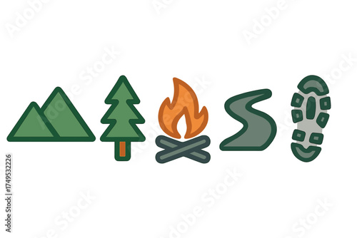 Outdoor adventure and camping icons featuring mountains, tree, fire, path, and boot print
