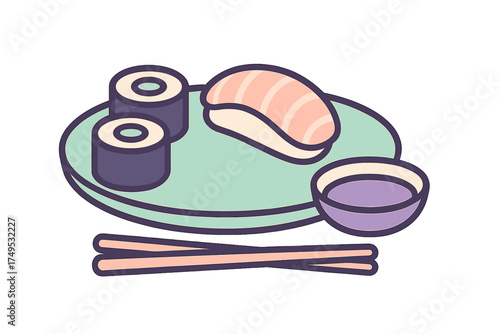 Japanese sushi and sashimi plate with chopsticks and dipping sauce