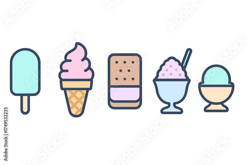 Colorful set of frozen dessert icons featuring popsicle, cone, sandwich, and sundae