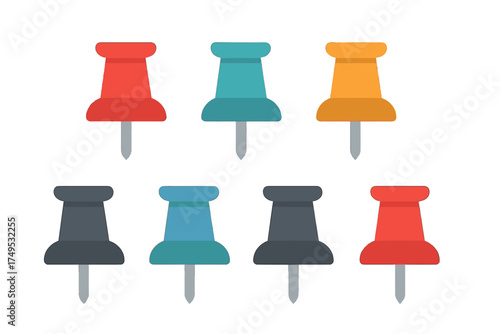 Set of colorful push pins with sharp metal points isolated on white background