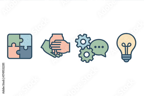 Business strategy icons showing teamwork and process integration concepts
