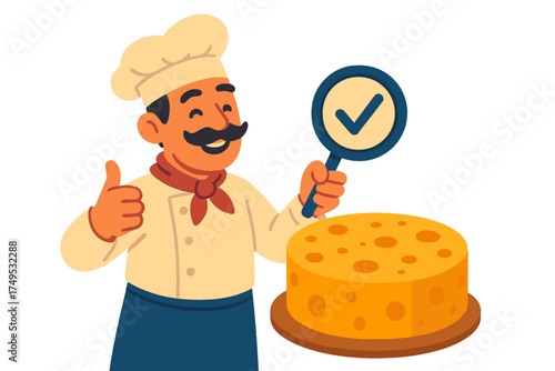 Smiling chef inspects large cheese wheel with magnifying glass and approval gesture
