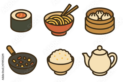 Stylized icons representing popular Asian food and beverage items