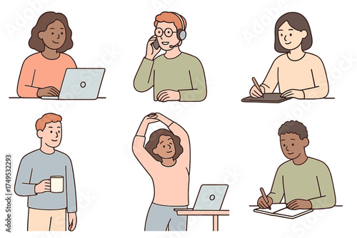 Diverse office workers performing various tasks including using laptop and stretching