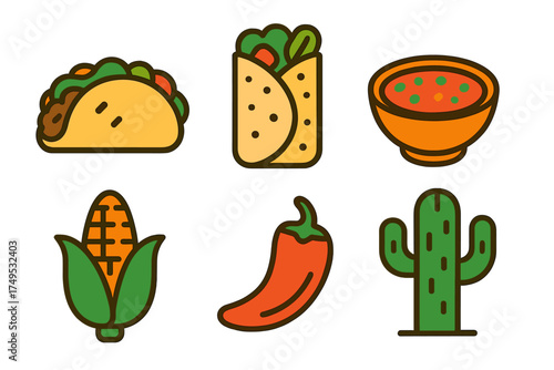 Collection of stylized icons representing popular Mexican food and desert elements
