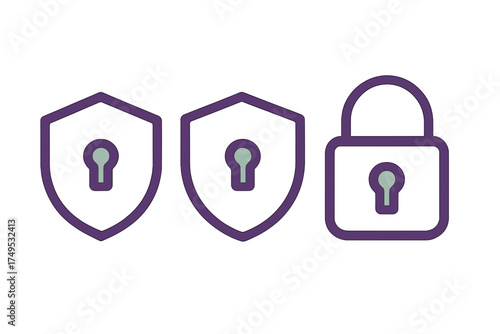 Digital security shield and padlock icons featuring keyhole symbol